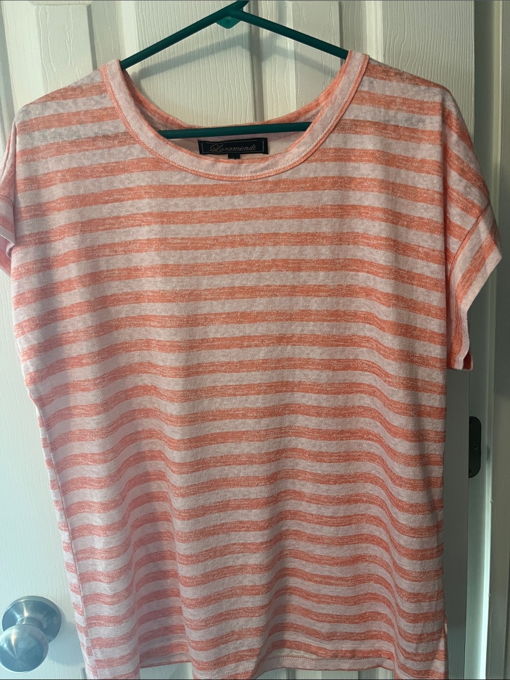 Women’s Short-Sleeve Striped Tee in Coral and pink